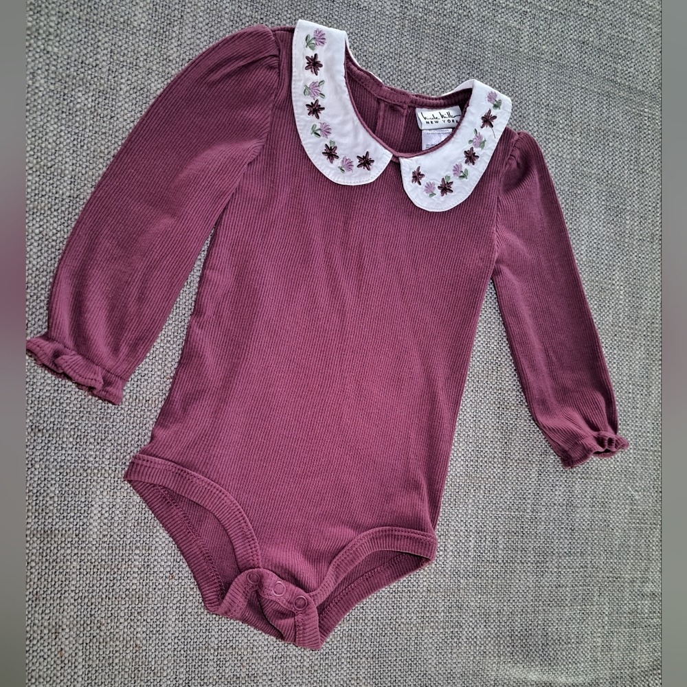Plum Long Sleeve Kids Bodysuit with Floral Collar